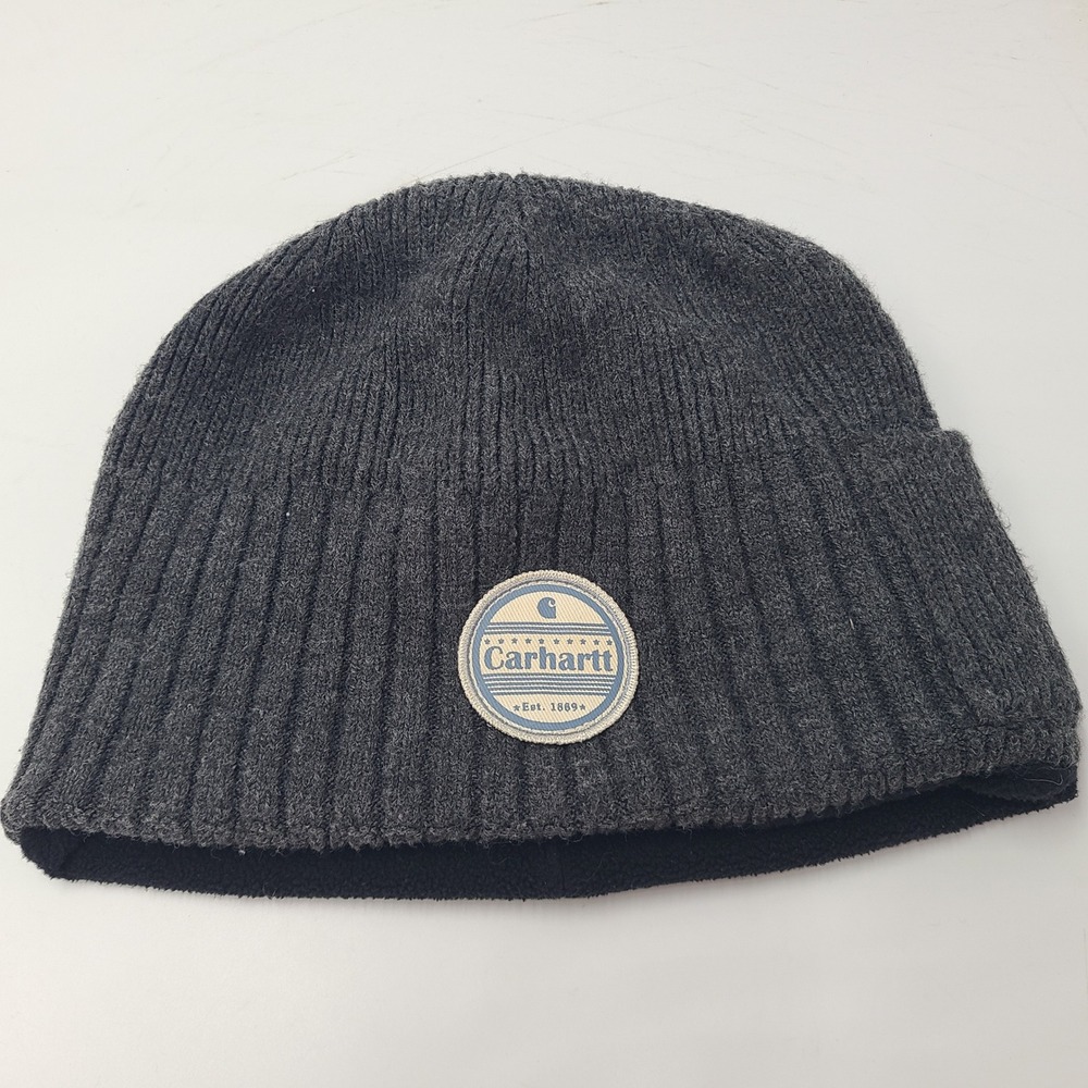 Carhartt Hat Beanie Gray Blue Side Pocket Winter Knit Stocking Cap Workwear Men
